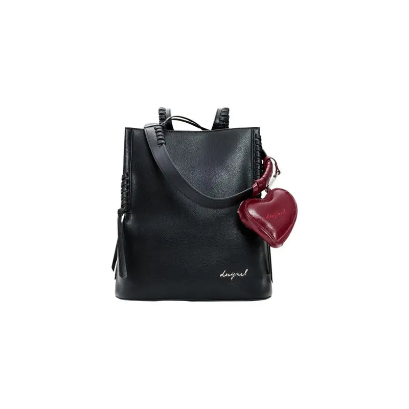 Desigual black polyurethane rucksack bucket bag with braided straps and red heart-shaped charm with zip closure