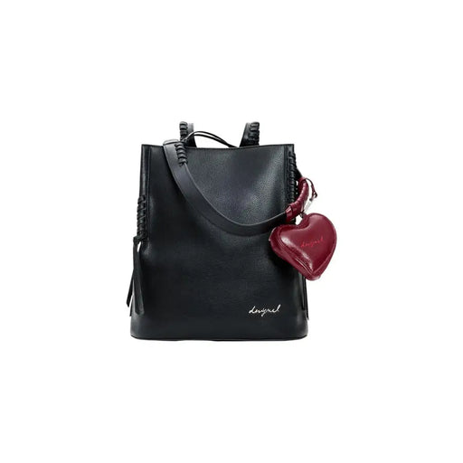 Desigual black polyurethane rucksack bucket bag with braided straps and red heart-shaped charm with zip closure