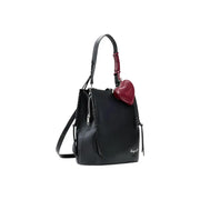 Desigual black polyurethane rucksack bucket bag with braided detailing and red heart-shaped charm with zip closure
