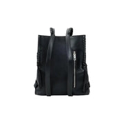 Desigual black polyurethane rucksack with braided leather straps and silver zipper closure shown from the back side