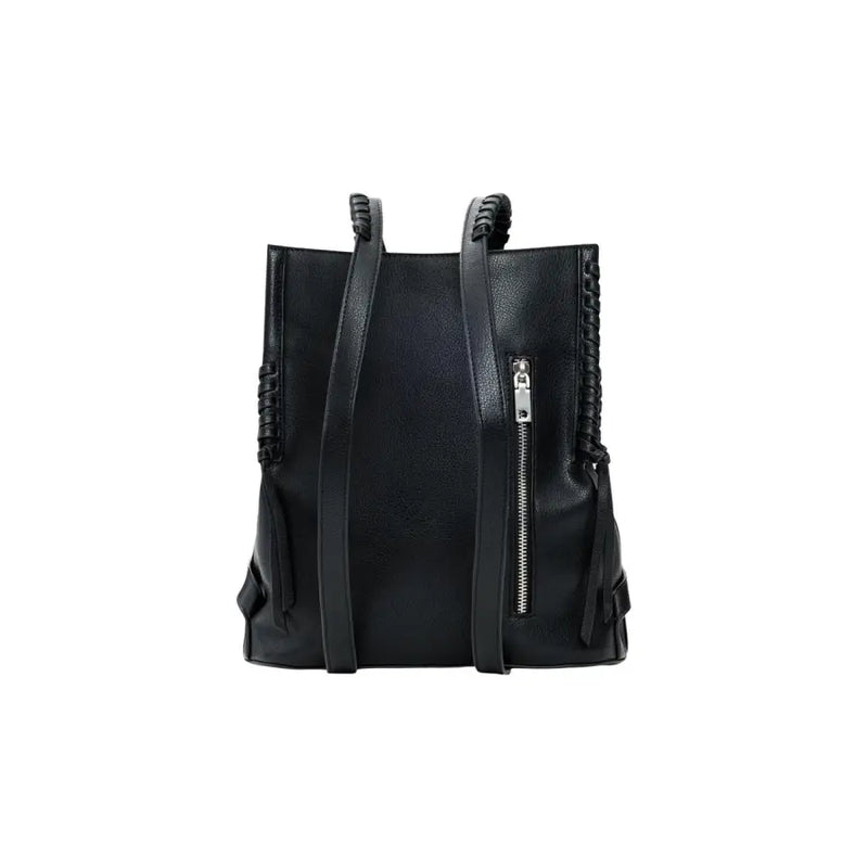 Desigual black polyurethane rucksack with braided leather straps and silver zipper closure shown from the back side