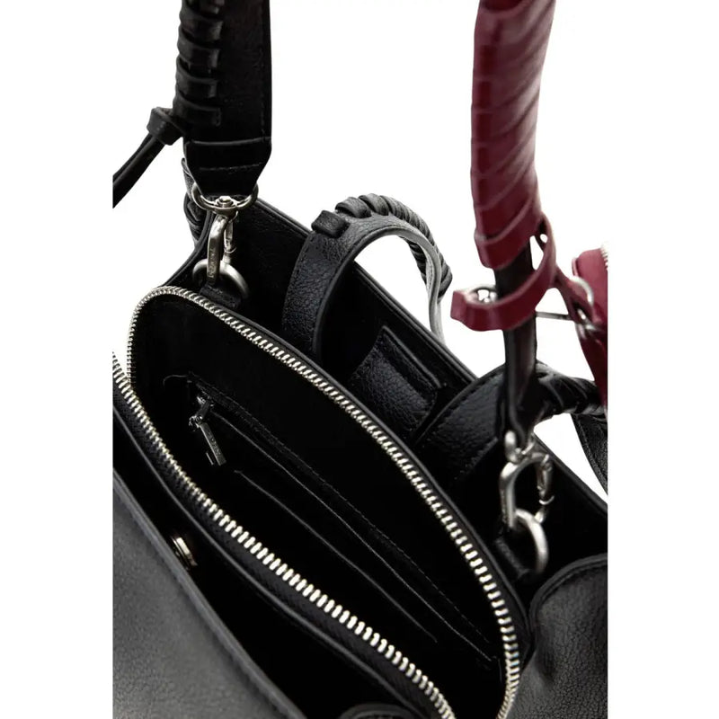 Black leather Desigual rucksack with zip closure featuring burgundy textured handles and silver-toned hardware