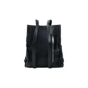 Desigual black polyurethane rucksack with braided leather straps and silver zipper closure shown from the back side