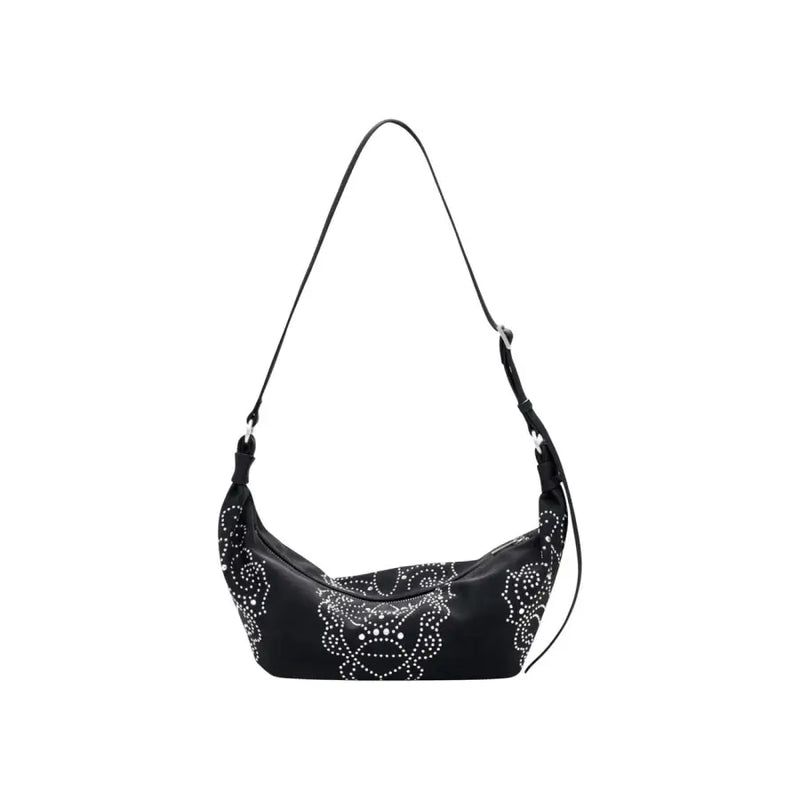 Black polyurethane shoulder bag with stud embellishments, zip closure, and inner pocket