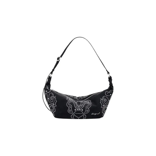 Black polyurethane shoulder bag with white studded embellishments, zip closure, and inner pocket