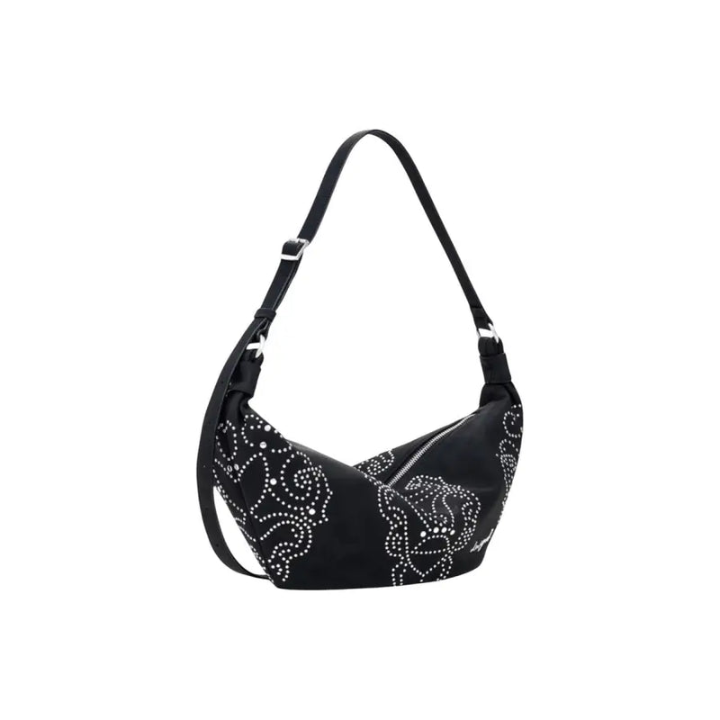 Black crescent-shaped polyurethane shoulder bag with silver stud embellishments and zip closure