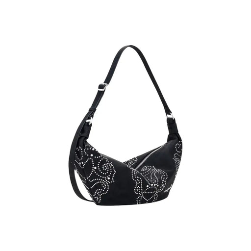 Black crescent-shaped polyurethane shoulder bag with silver stud embellishments and zip closure