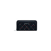 Desigual black polyurethane wallet with quilted pattern, red accents, silver studs