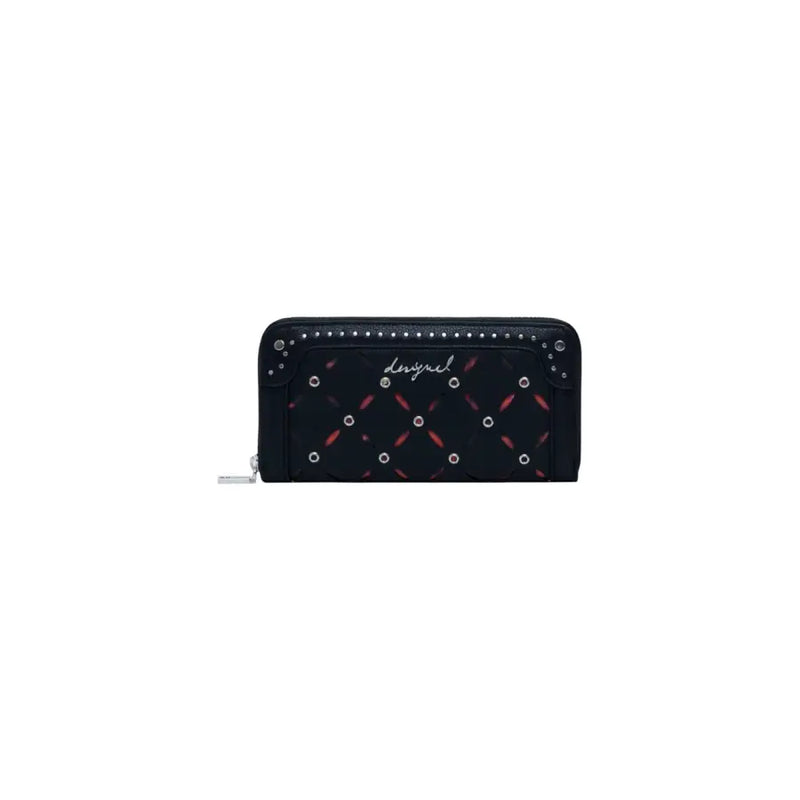 Desigual black polyurethane wallet with quilted pattern, red accents, silver studs