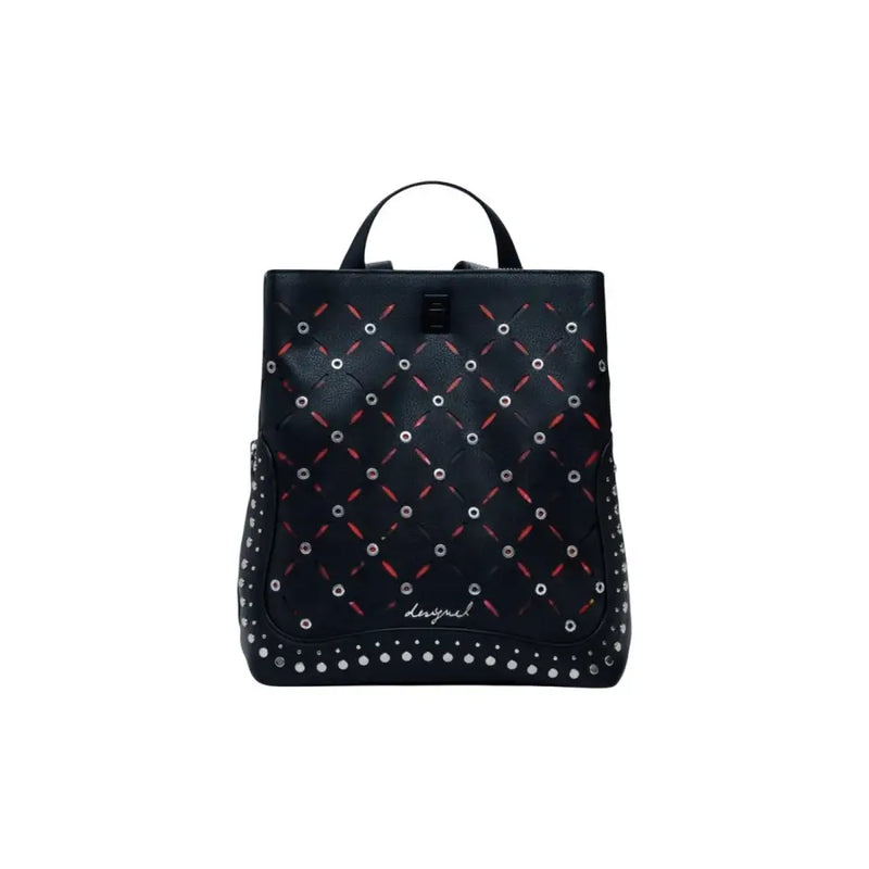 Black faux leather backpack with quilted silver studs, red accents, and top handle
