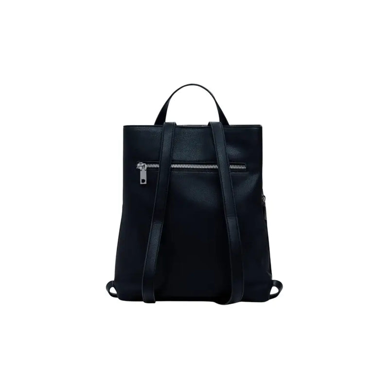 Black faux leather backpack with silver zippers and adjustable straps for Desigual Women Accessories Bag