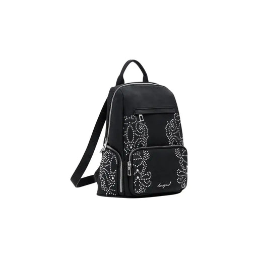 Black faux leather mini backpack with silver studded floral designs for women