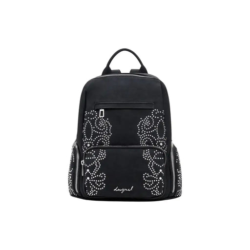 Black polyurethane women rucksack with white studded floral design and zip pockets