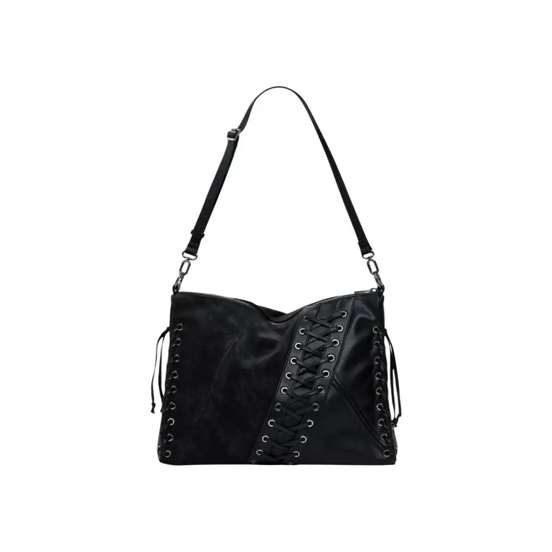 Black leather shoulder bag with diagonal and side lacing details from Desigual