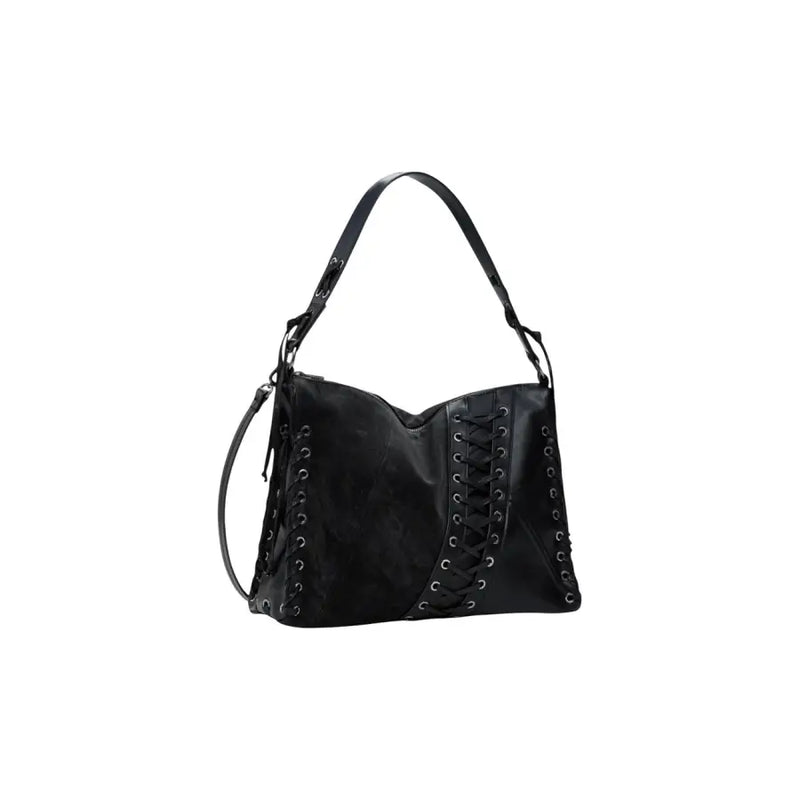 Black leather shoulder bag with decorative lacing from Desigual, polyurethane zip handbag