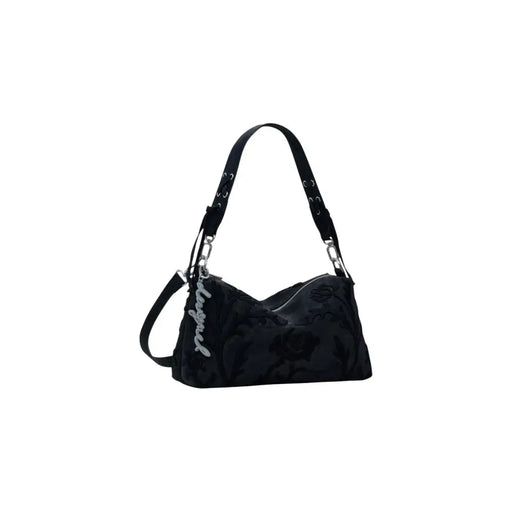 Black shoulder tote bag with textured floral pattern and silver hardware for women