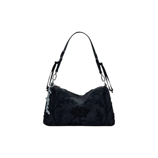Black polyurethane tote bag with floral embossing and silver hardware for women