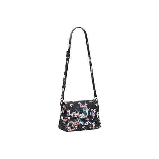 Desigual black print cotton shoulder bag with vibrant floral pattern crossbody bag and matching strap with inside pocket