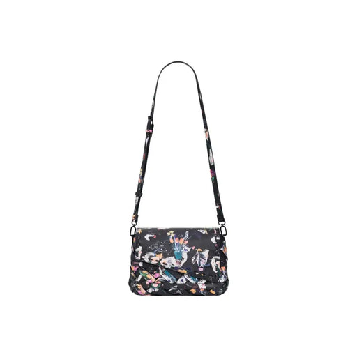 Desigual black print cotton shoulder bag with vibrant pink yellow green floral design and inside pocket