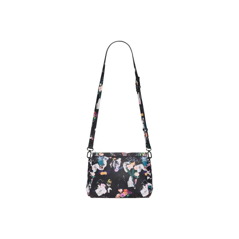 Desigual black cotton crossbody shoulder bag with vibrant floral anime print and adjustable strap featuring inside pocket