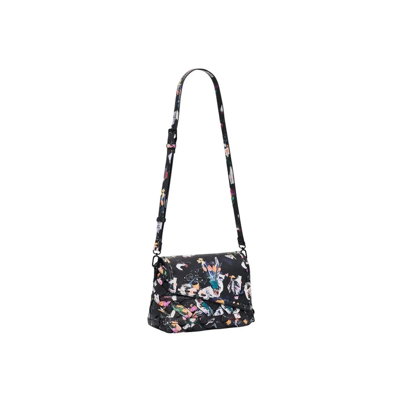 Desigual black print cotton shoulder bag with vibrant floral pattern crossbody bag and matching strap with inside pocket