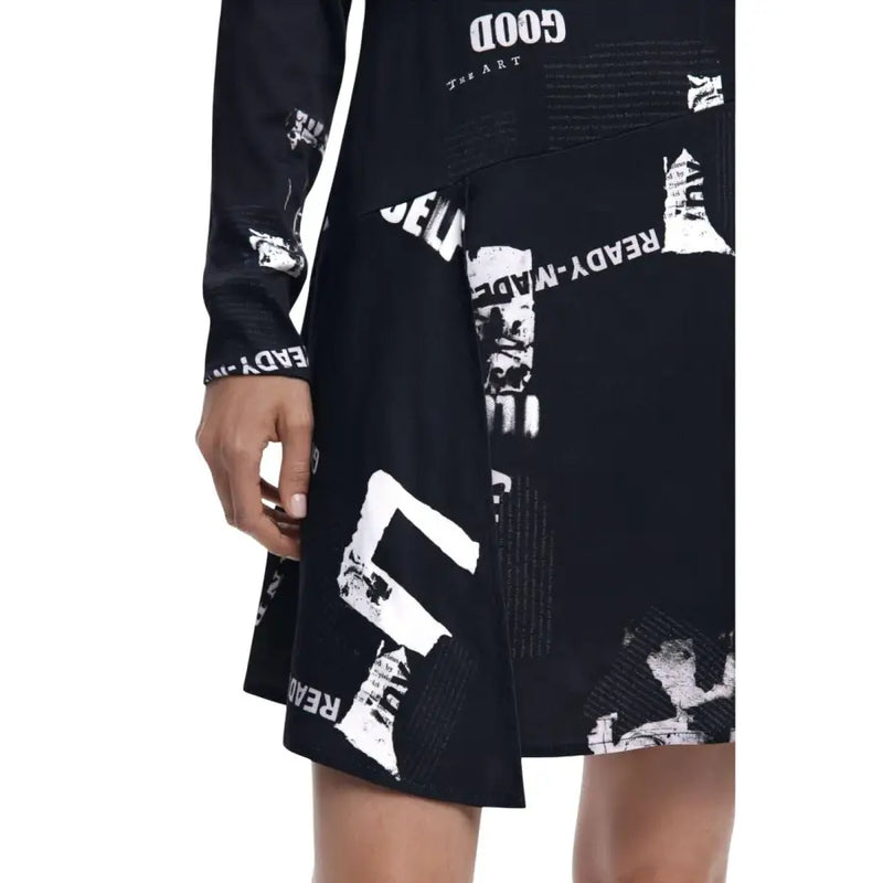 Black long-sleeved viscose dress with white graphic print from Desigual