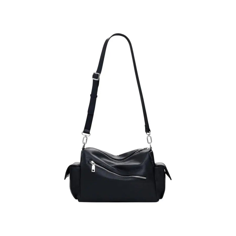 Black leather shoulder handbag with zippered main compartment and side pockets for stylish storage
