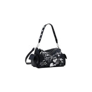 Black shoulder bag with white graffiti-style text and illustrations for Desigual handbag