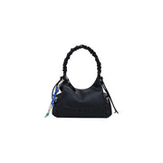Black nylon shoulder bag with ruched strap and colorful keychains from Desigual