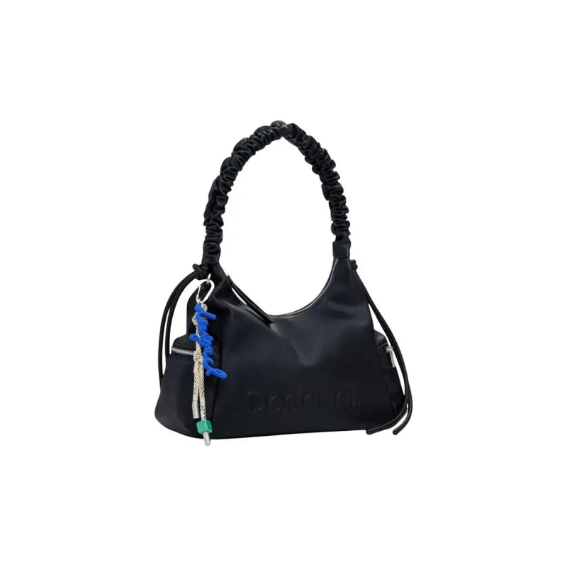 Black PU shoulder bag with ruched strap colorful charm and interior pockets