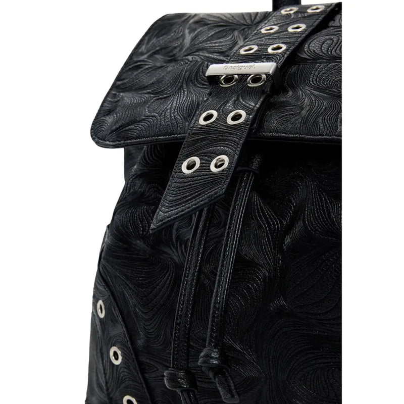 Desigual black leather rucksack for women with embossed wave pattern silver-toned metal hardware and pockets