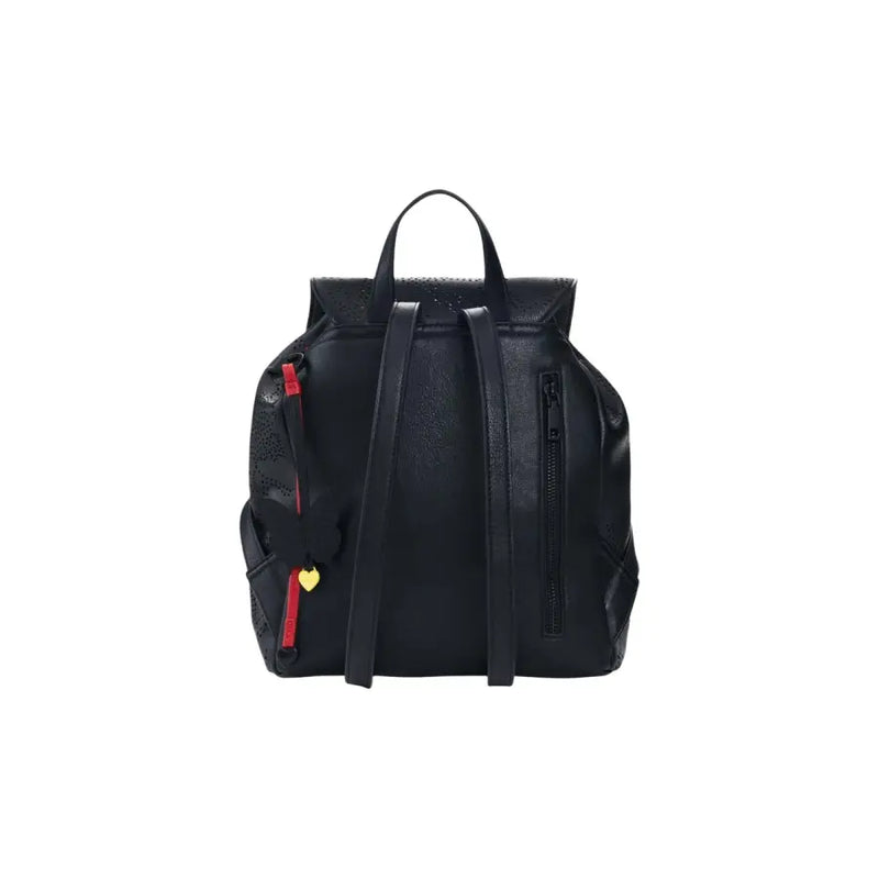 Desigual black leather rucksack with perforated detailing red zipper pulls and gold heart charm for women