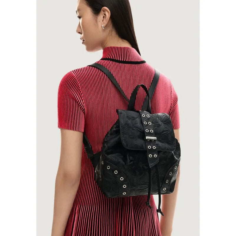 Desigual black leather rucksack for women with embossed floral pattern and silver-toned eyelets and pockets