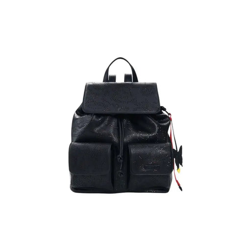 Desigual black leather rucksack for women with perforated design butterfly charm and multiple pockets
