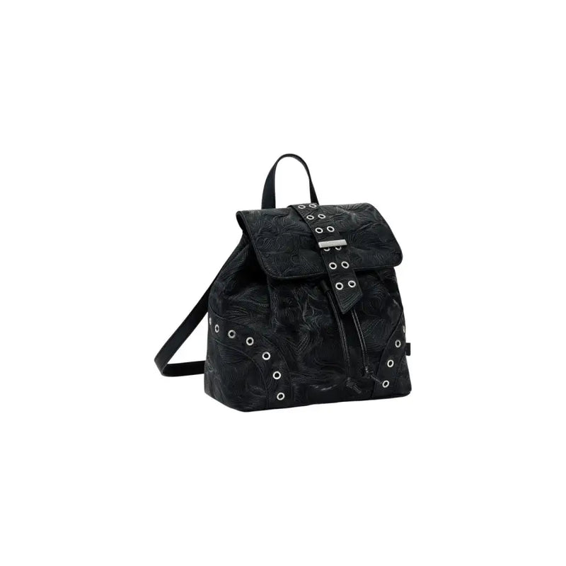 Desigual black backpack with embossed floral pattern and silver-toned eyelets for women with pockets