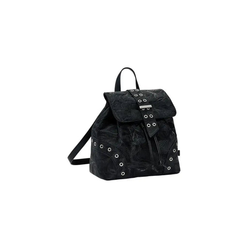 Desigual black backpack with embossed floral pattern and silver-toned eyelets for women with pockets