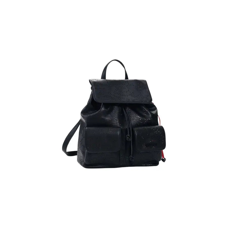 Desigual black leather rucksack for women with perforated detailing and subtle glittery finish and multiple pockets