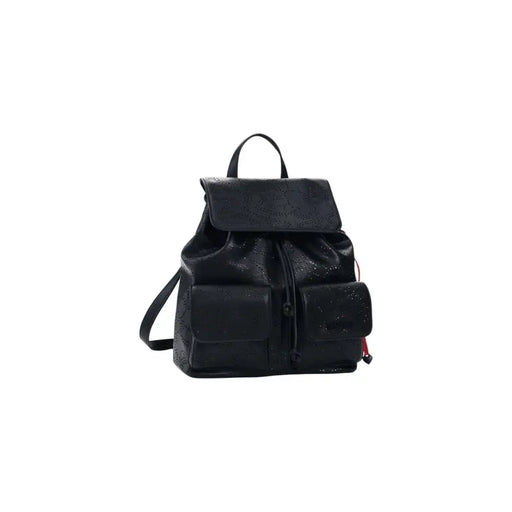 Desigual black leather rucksack for women with perforated detailing and subtle glittery finish and multiple pockets