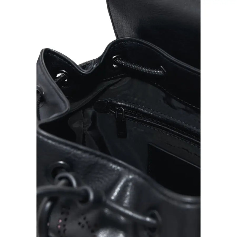 Desigual black leather bucket bag with drawstring closure and internal zippered compartment for women