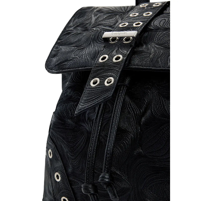 Desigual black leather rucksack for women with embossed wave pattern silver-toned metal hardware and pockets