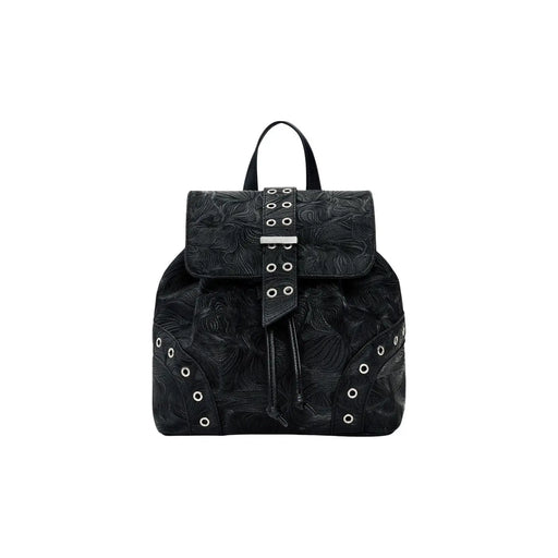 Desigual black leather rucksack with embossed floral pattern and silver-toned eyelets for women with pockets