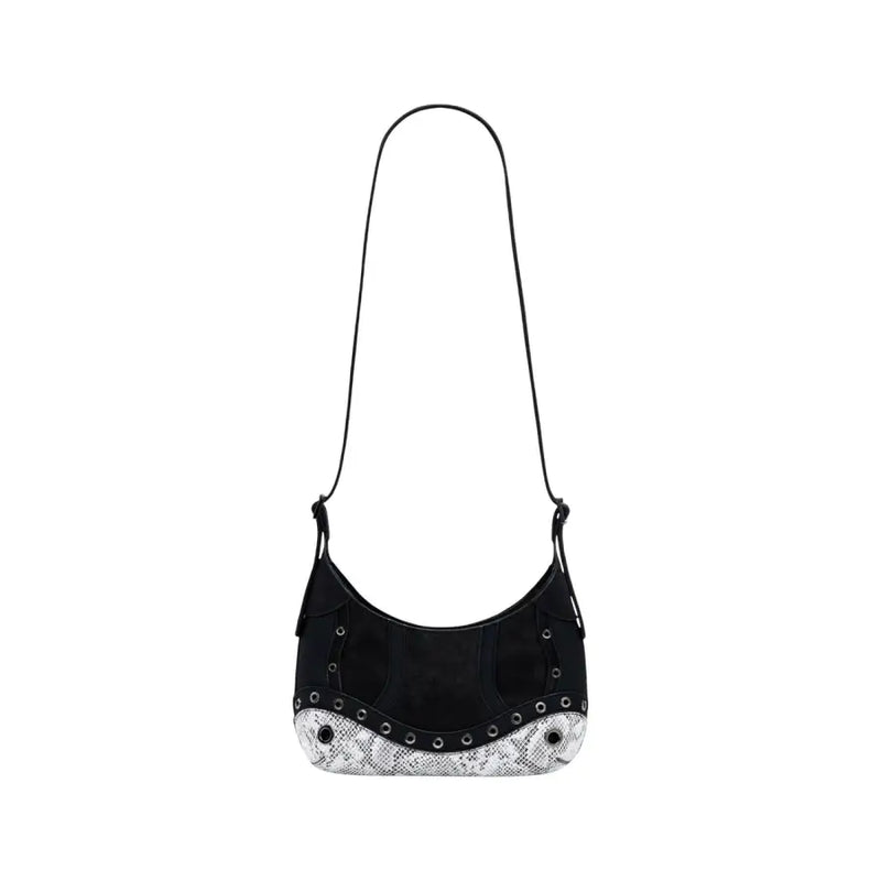 Black shoulder bag with curved shape studded accents and white snakeskin-patterned base