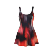 Desigual black sleeveless square neck dress with a vibrant red and black abstract swirl pattern and flared design