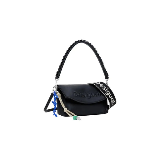 Black faux leather Crossbody Bag with braided handle and logo-embossed strap