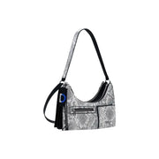 White and black snakeskin print shoulder bag with black strap, zip pocket, tassel, and blue initial charm