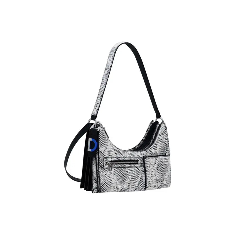 White and black snakeskin print shoulder bag with black strap, zip pocket, tassel, and blue initial charm