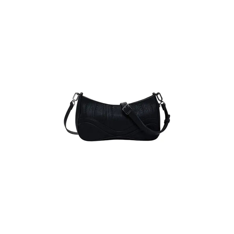 Black shoulder bag with textured crocodile-embossed finish and adjustable strap