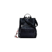 Black embossed faux leather backpack with adjustable strap and removable charm for Desigual handbag
