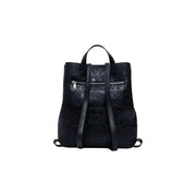 Black leather backpack with embossed patterns and silver zippers from Desigual
