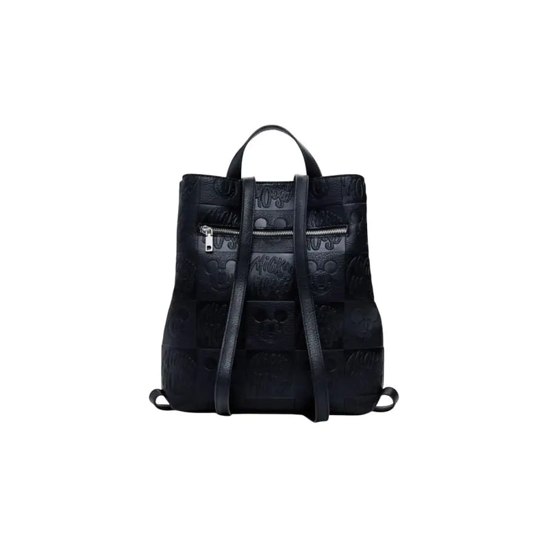 Black leather backpack with embossed patterns and silver zippers from Desigual
